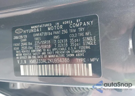 2019 Hyundai Tucson Sel from USA, damaged, VIN KM8J33AL2KU954388